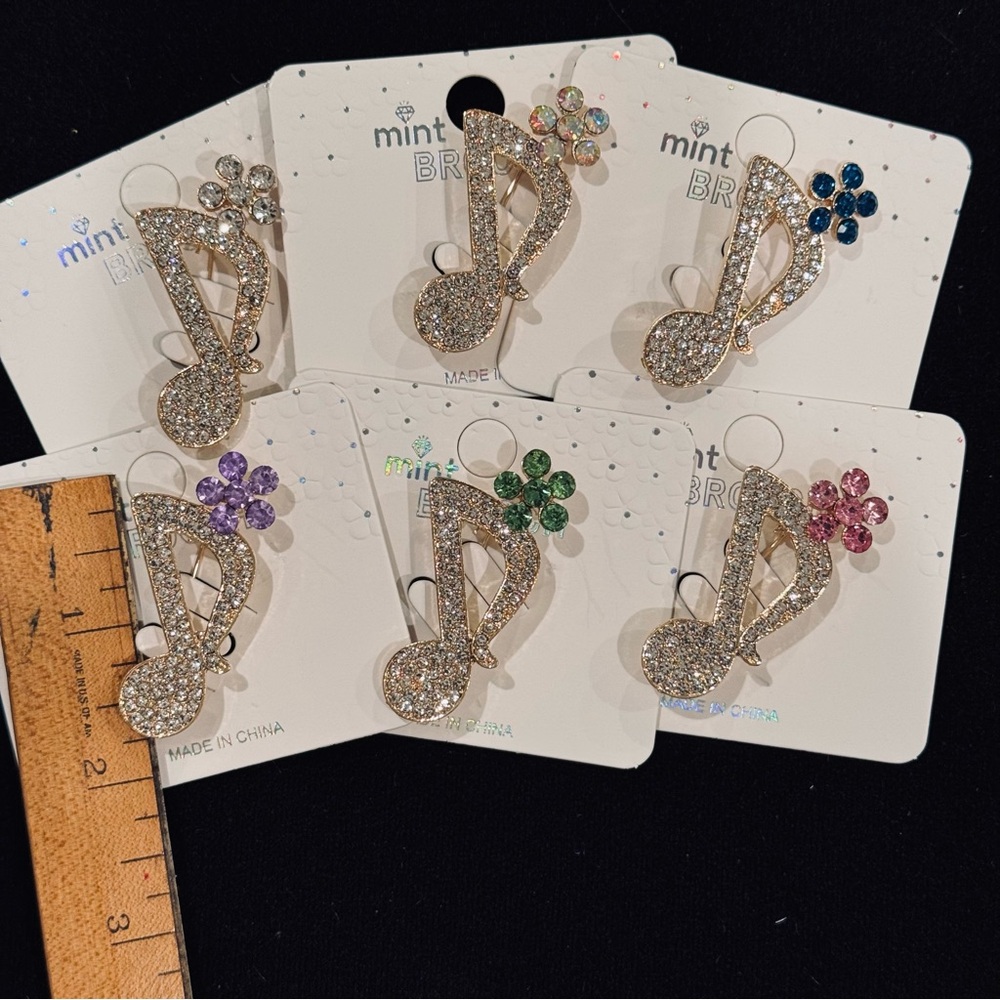 NWT Mint Rhinestone Music Note & Flower Brooch Pin Green - Picture 5 of 8